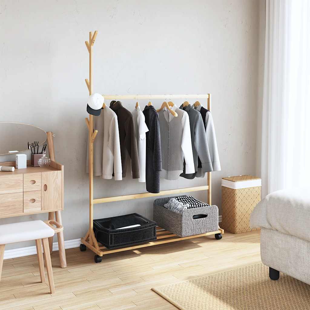 vidaXL Clothes Rack with Hooks and Wheels 100x35x157 cm Bamboo 2