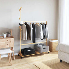 vidaXL Clothes Rack with Hooks and Wheels 100x35x157 cm Bamboo 2