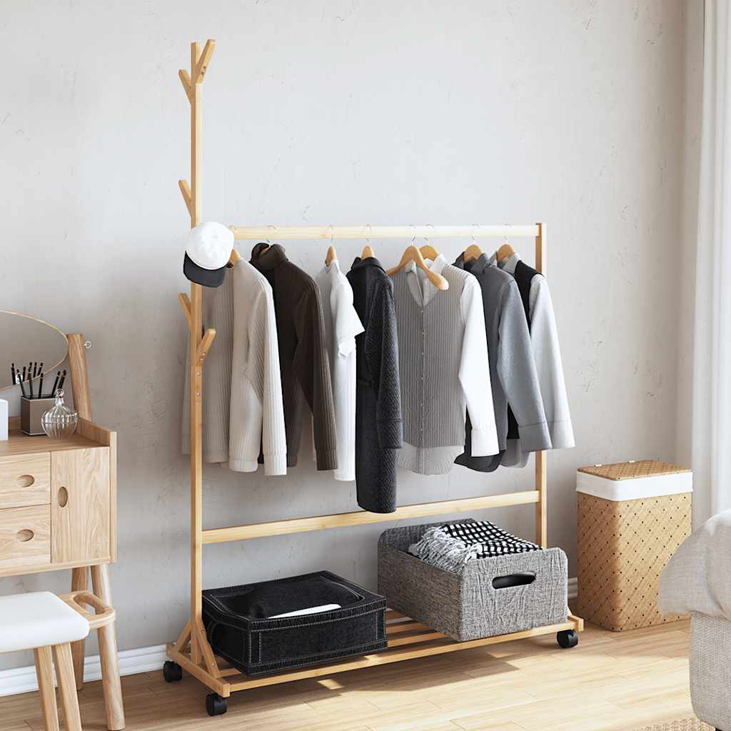 vidaXL Clothes Rack with Hooks and Wheels 100x35x157 cm Bamboo 3
