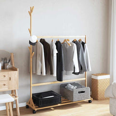vidaXL Clothes Rack with Hooks and Wheels 100x35x157 cm Bamboo 3