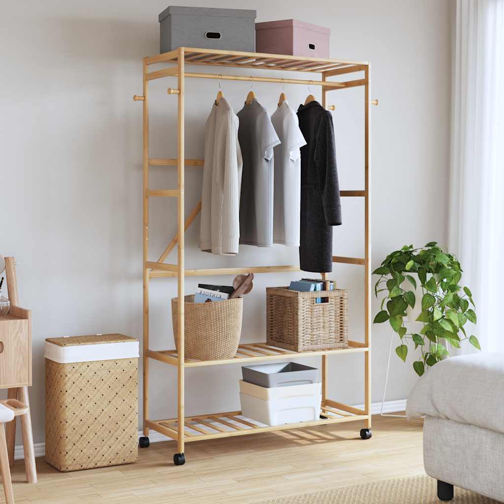 vidaXL Clothes Rack with Shelves and Wheels 110x40x180 cm Bamboo 2