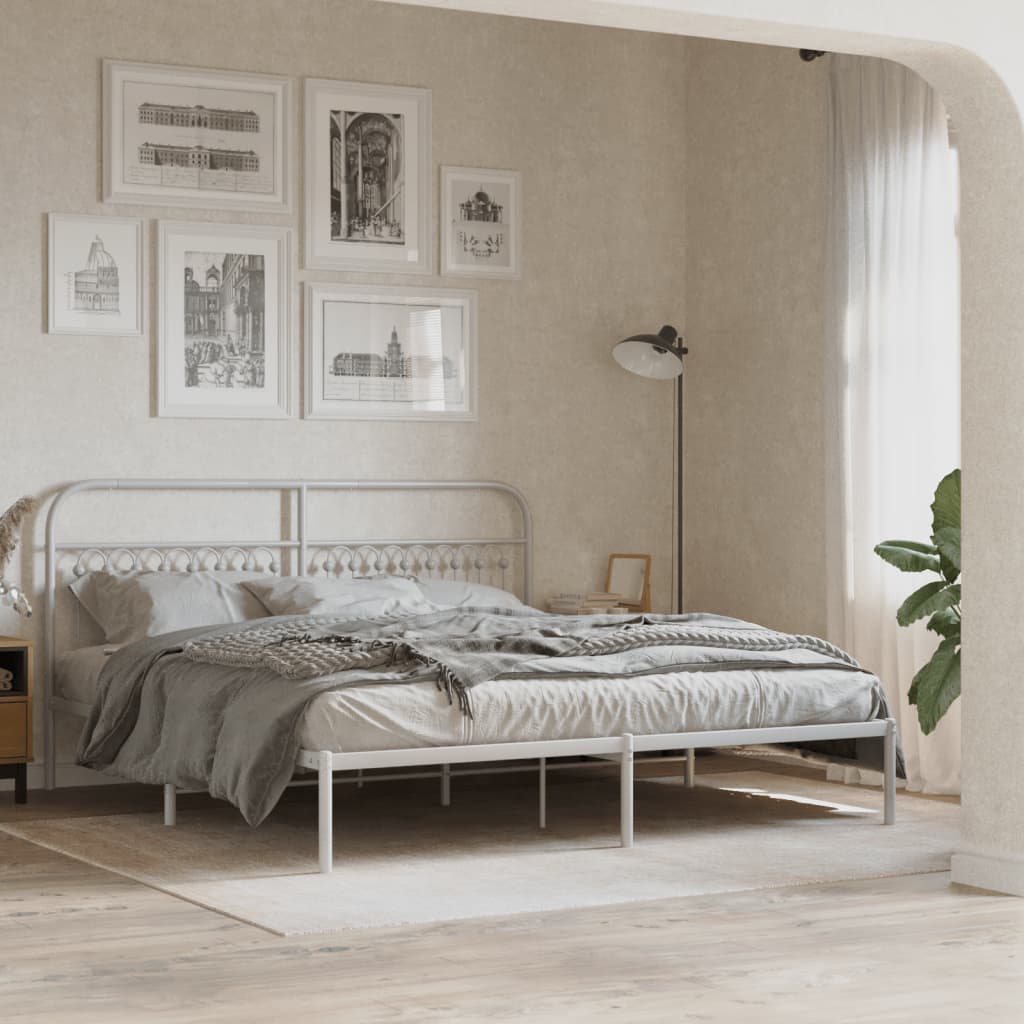 Metal Bed Frame without Mattress with Headboard White 183 cm 213 cm