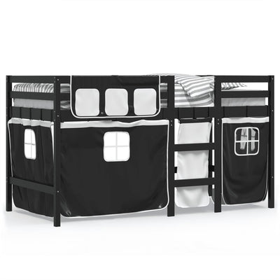 Kids' Loft Bed with Curtains White&Black 80x200 cm Solid Wood Pine