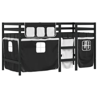 Kids' Loft Bed with Curtains White&Black 80x200 cm Solid Wood Pine