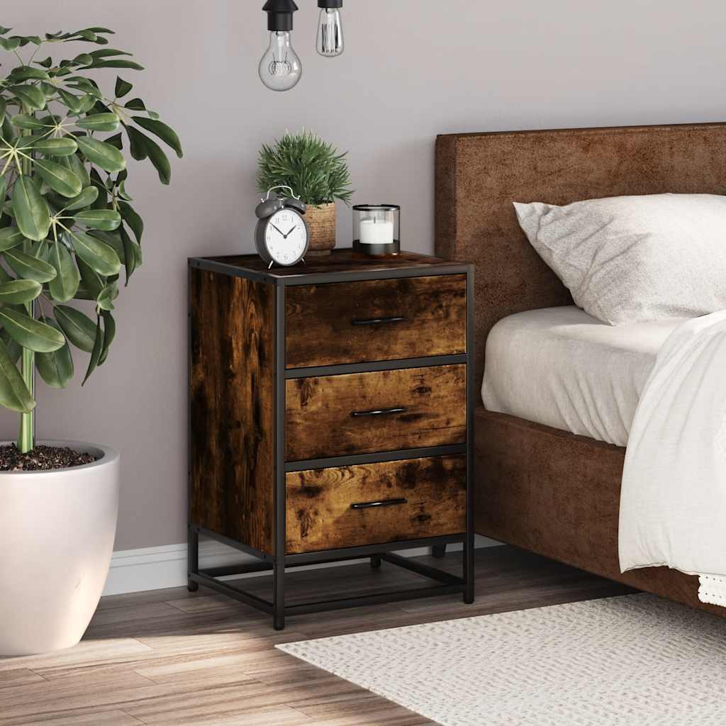 vidaXL Bedside Cabinet Smoked Oak 40x34.5x60 cm Engineered Wood and Metal 3