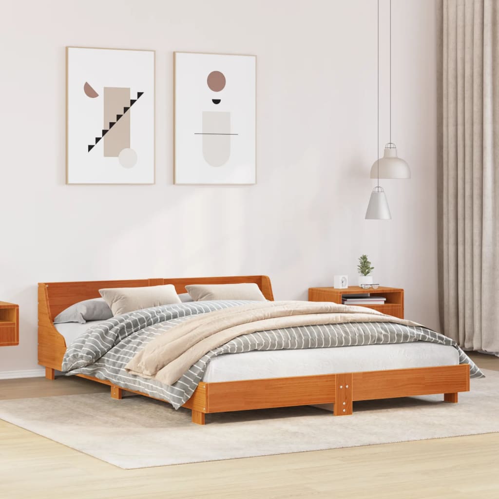 Bed Frame without Mattress Solid Wood Pine Length Wax brown