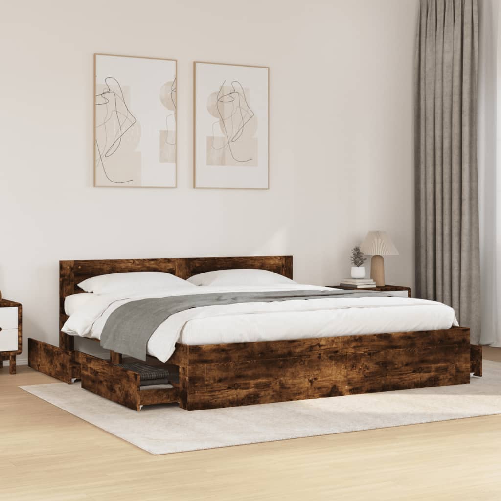 Bed Frame with Headboard without Mattress Smoked Oak 200 x 200 cm