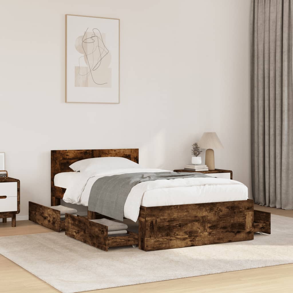 Bed Frame with Headboard without Mattress Smoked Oak 90 x 200 cm
