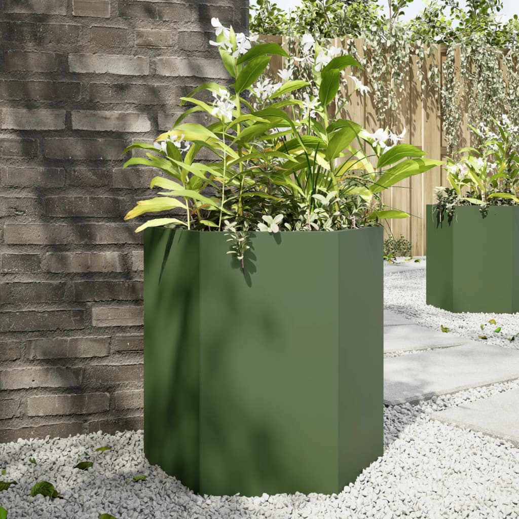 vidaXL Garden Planter Olive Green Hexagon 46x40x45 cm Steel 1