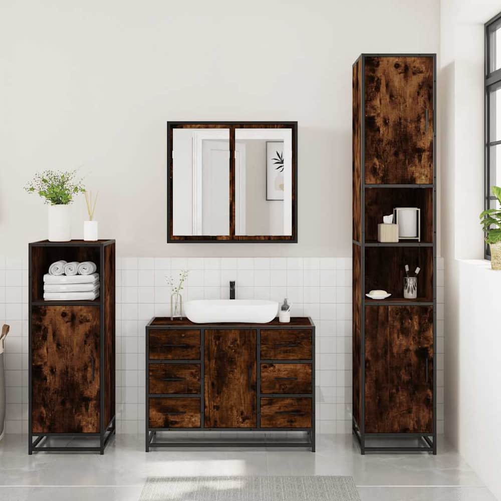 3 Piece Bathroom Furniture Set Engineered Wood Smoked oak