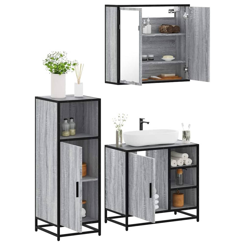 3 Piece Bathroom Furniture Set Engineered Wood Grey sonoma