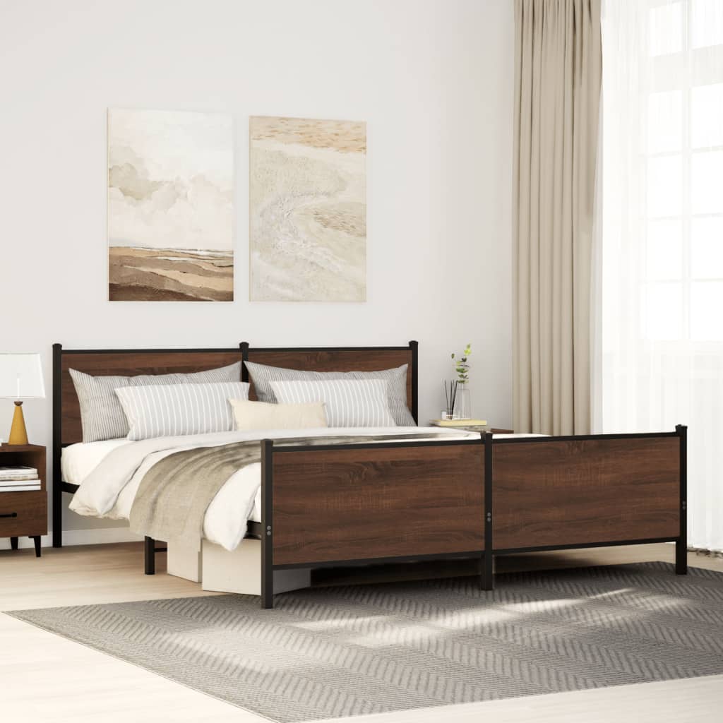 Metal Bed Frame without Mattress Brown Oak headboard footboard