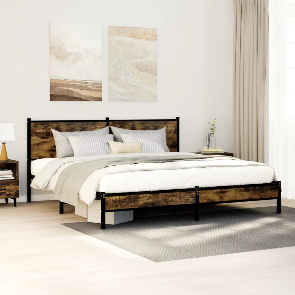 Metal Bed Frame without Mattress Smoked Oak Length 200 cm with Headboard & Low Footboard 180 cm