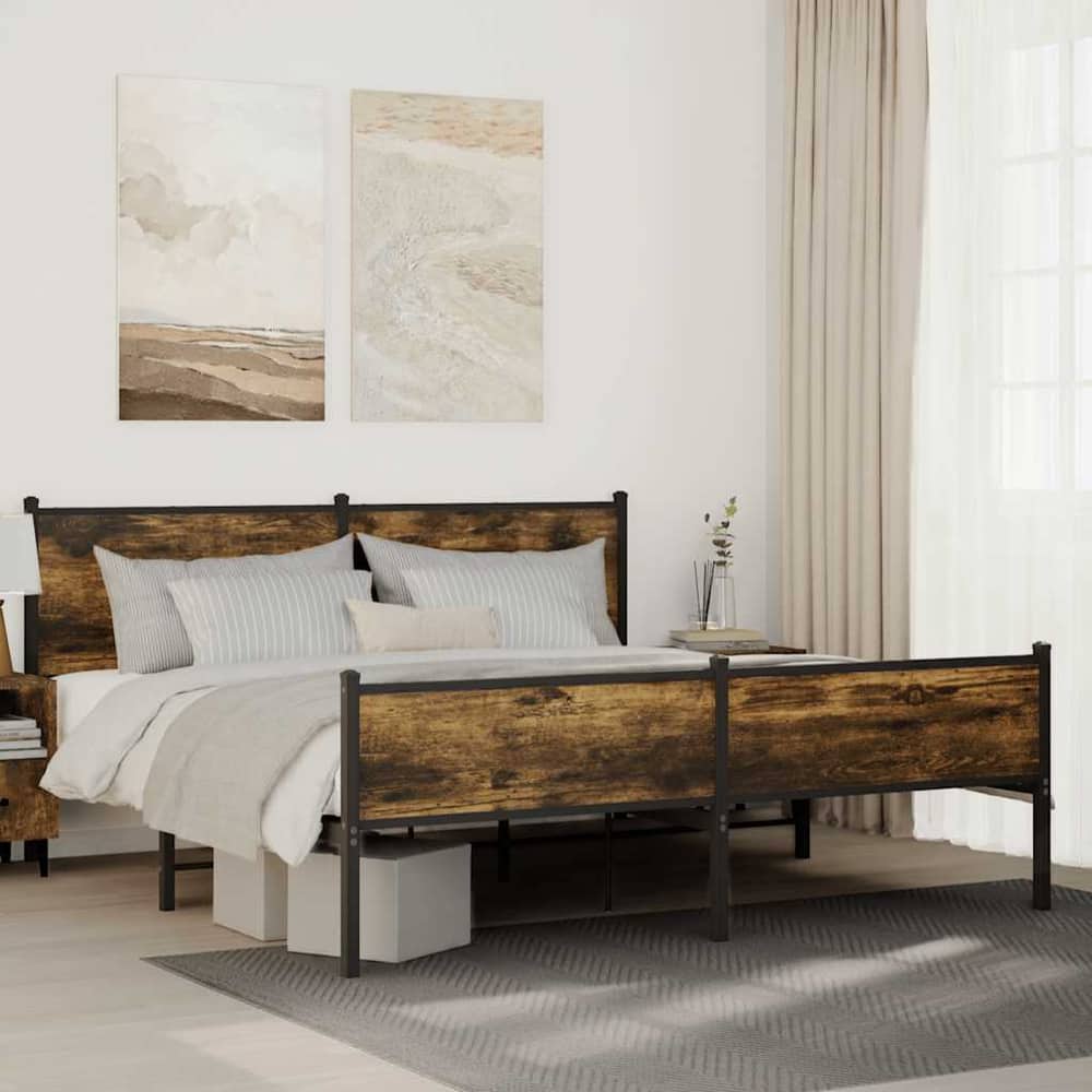 Metal Bed Frame without Mattress Smoked Oak Length 200 cm with Headboard & High Footboard 160 cm