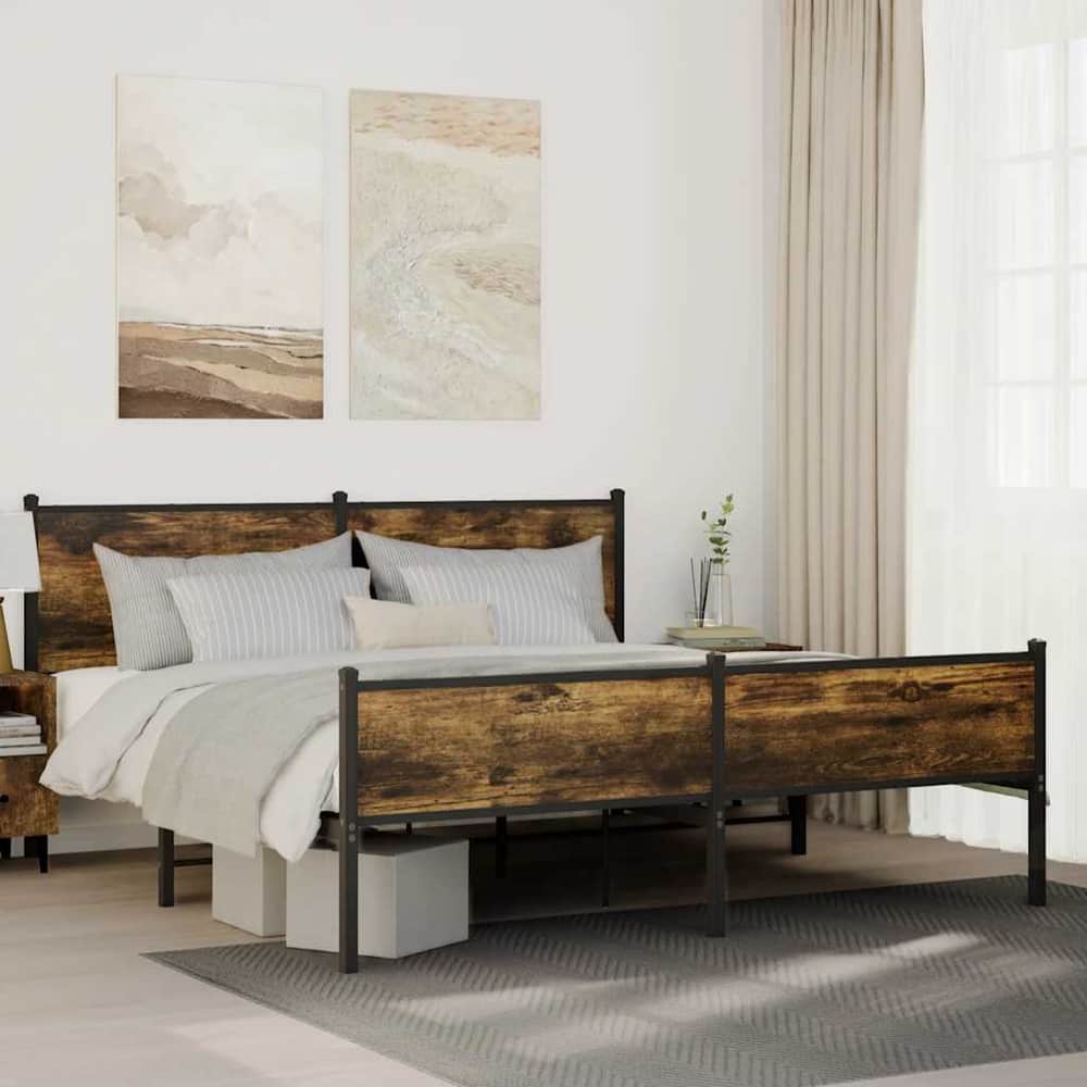 Metal Bed Frame without Mattress Smoked Oak Length 200 cm with Headboard & High Footboard 180 cm