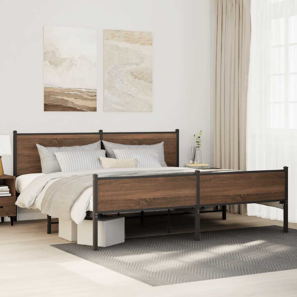 Metal Bed Frame without Mattress Brown Oak Length 203 cm 193 cm With headboard & high footboard
