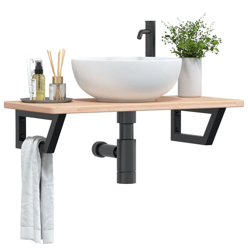 Basin Shelf Wall Mounted Steel and Solid Wood Oak Trapezium Height 2.5 cm Width 80 cm Brown and black