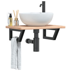 Basin Shelf Wall Mounted Steel and Solid Wood Oak Trapezium Height 2.5 cm Width 60 cm Brown and black