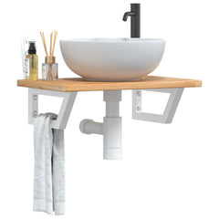 Basin Shelf Wall Mounted Steel and Solid Wood Oak Trapezium Height 2.5 cm Width 60 cm Light brown and white