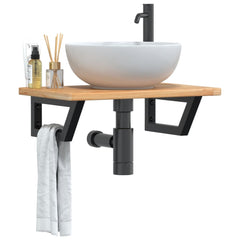 Basin Shelf Wall Mounted Steel and Solid Wood Oak Trapezium Height 2.5 cm Width 60 cm Light brown and black