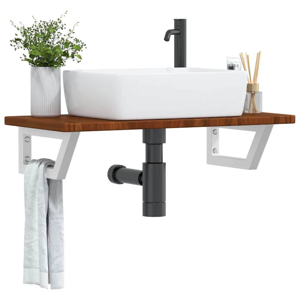Basin Shelf Wall Mounted Steel and Solid Wood Oak Trapezium Height 2.5 cm Width 80 cm Dark brown and white