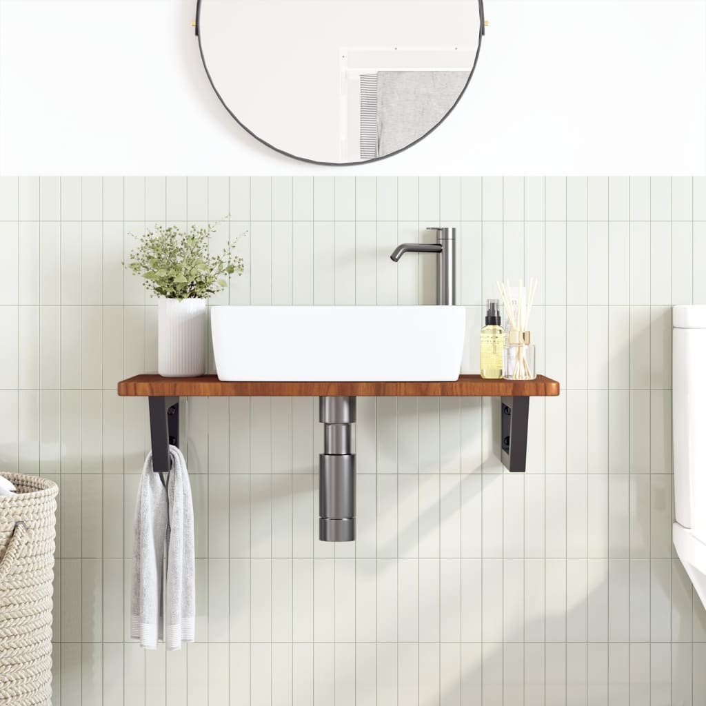 Basin Shelf Wall Mounted Steel and Solid Wood Oak Trapezium Height 2.5 cm Width 80 cm Dark brown and black