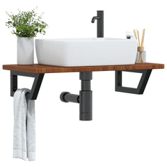 Basin Shelf Wall Mounted Steel and Solid Wood Oak Trapezium Height 2.5 cm Width 80 cm Dark brown and black