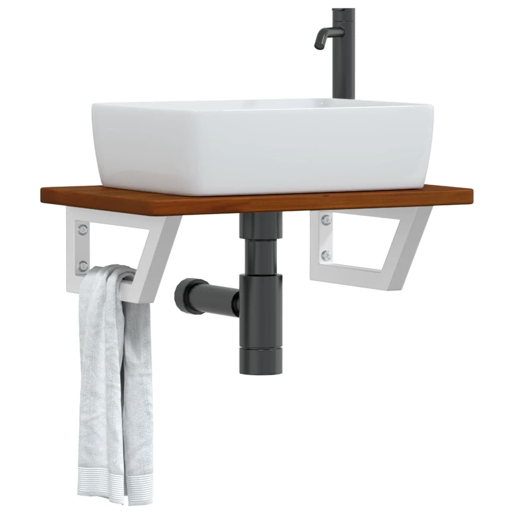 Basin Shelf Wall Mounted Steel and Solid Wood Oak Trapezium Height 2.5 cm Width 60 cm Dark brown and white