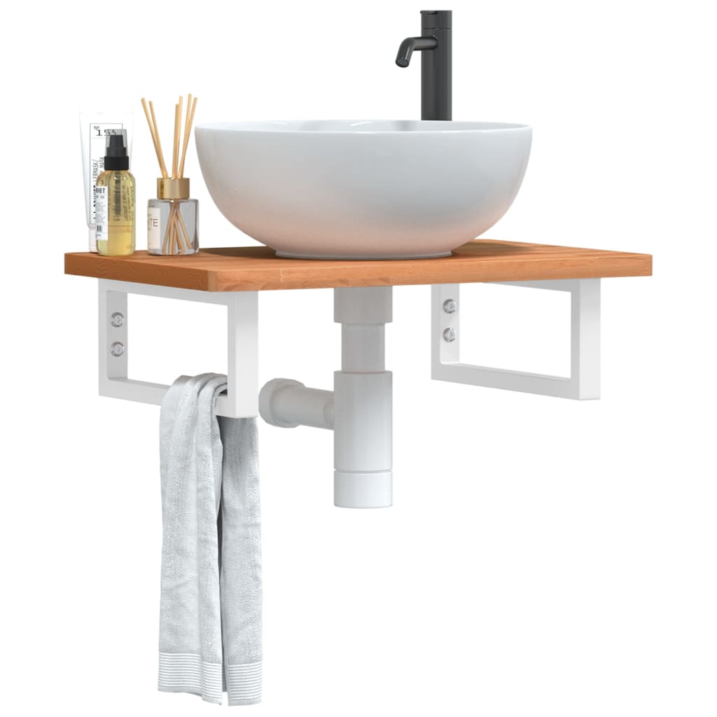 Basin Shelf Wall Mounted Steel and Solid Wood Beech Rectangular Height 2.5 cm Dark brown and white 60 cm 40 cm
