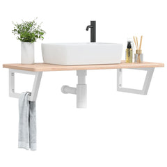 Basin Shelf Wall Mounted Steel and Solid Wood Oak Trapezium Height 2.5 cm Width 100 cm Brown and white 50 cm