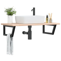 Basin Shelf Wall Mounted Steel and Solid Wood Oak Trapezium Height 2.5 cm Width 100 cm Brown and black 50 cm
