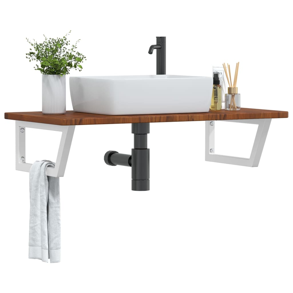 Basin Shelf Wall Mounted Steel and Solid Wood Oak Trapezium Height 2.5 cm Width 100 cm Dark brown and white 50 cm