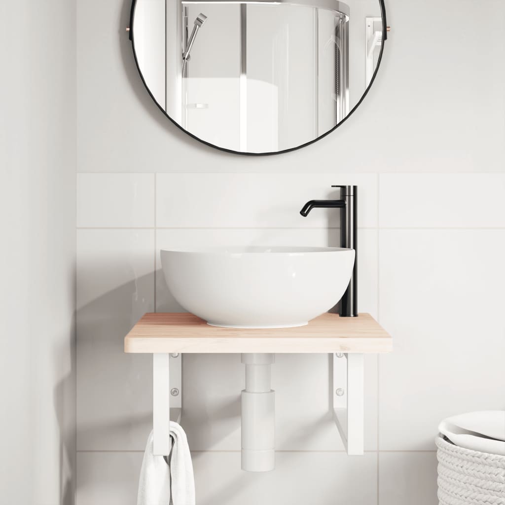 Basin Shelf Wall Mounted Steel and Solid Wood Beech Rectangular Width 50 cm Brown and white 2.5 cm