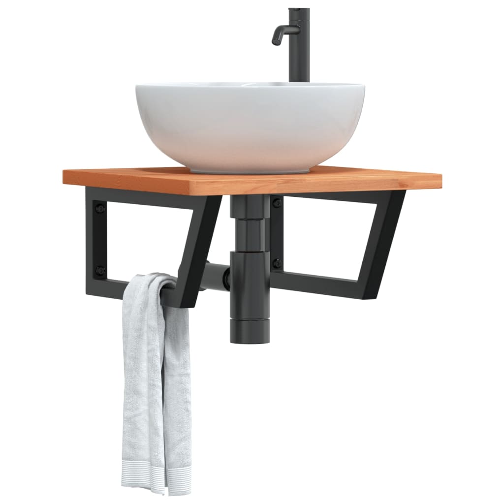 Basin Shelf Wall Mounted Steel and Solid Wood Beech Trapezium Width 50 cm Dark brown and black 2.5 cm