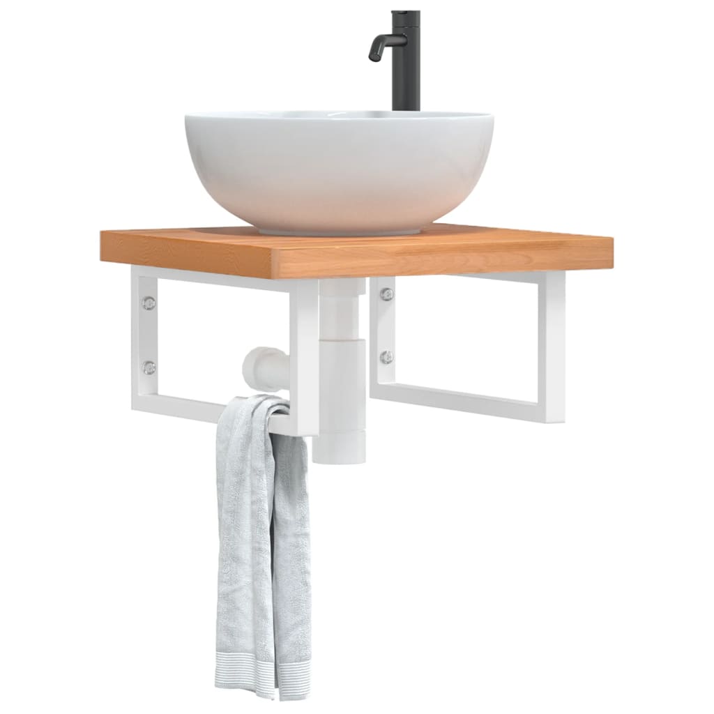 Basin Shelf Wall Mounted Steel and Solid Wood Beech Rectangular Width 50 cm Dark brown and white 4 cm