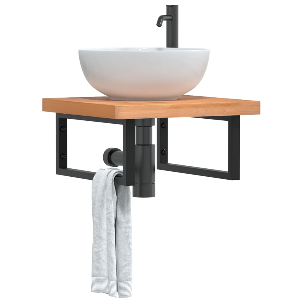 Basin Shelf Wall Mounted Steel and Solid Wood Beech Rectangular Width 50 cm Dark brown and black 4 cm