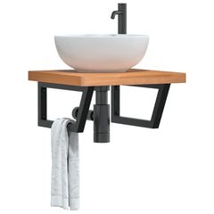 Basin Shelf Wall Mounted Steel and Solid Wood Beech Trapezium Width 50 cm Dark brown and black 4 cm