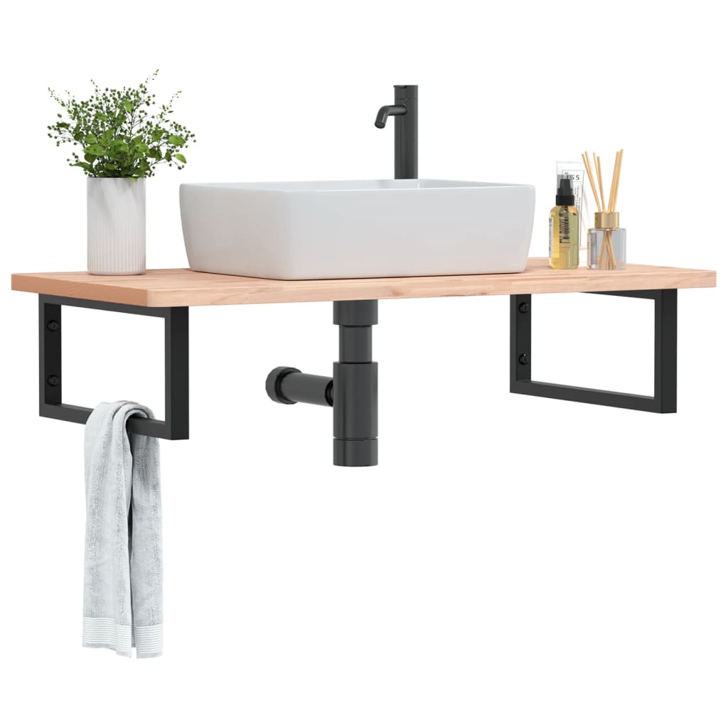 Basin Shelf Wall Mounted Steel and Solid Wood Beech Rectangular Height 2.5 cm Brown and black 100 cm 50 cm