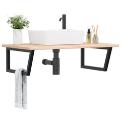 Basin Shelf Wall Mounted Steel and Solid Wood Oak Trapezium Height 2.5 cm Width 100 cm Brown and black 60 cm
