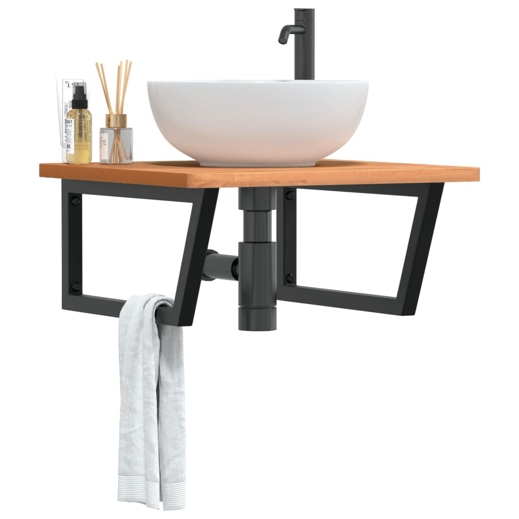 Basin Shelf Wall Mounted Steel and Solid Wood Beech Trapezium Width 60 cm Dark brown and black