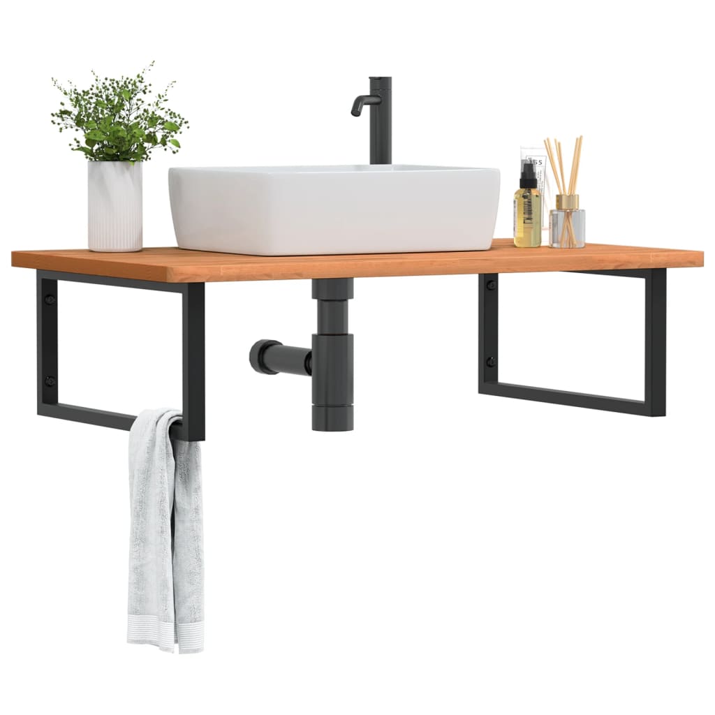 Basin Shelf Wall Mounted Steel and Solid Wood Beech Rectangular Height 2.5 cm Dark brown and black 100 cm 60 cm