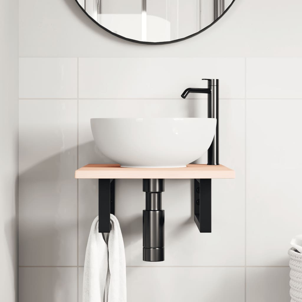 Basin Shelf Wall Mounted Steel and Solid Wood Oak Rectangular Depth 50 cm Width 40 cm Brown and black