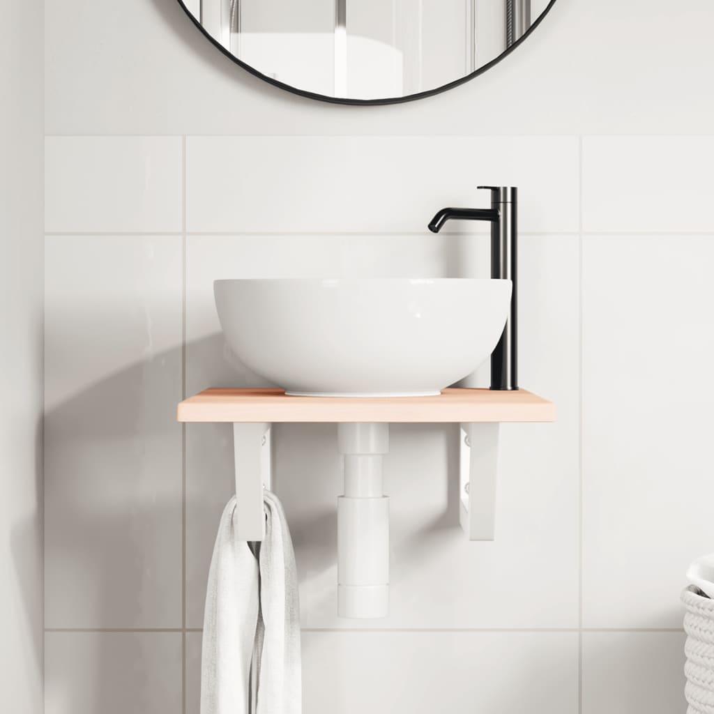 Basin Shelf Wall Mounted Steel and Solid Wood Oak Trapezium Depth 50 cm Width 40 cm Brown and white