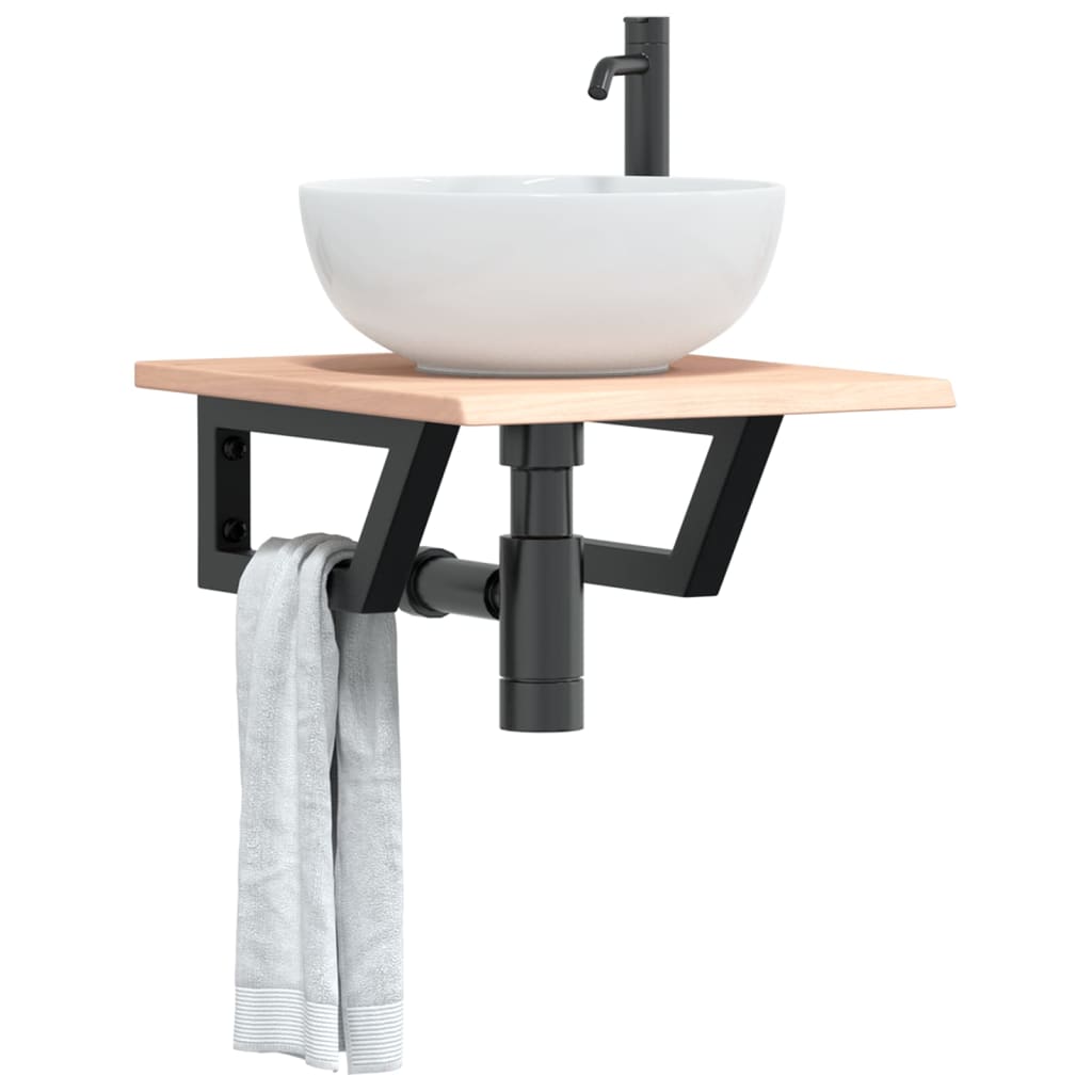Basin Shelf Wall Mounted Steel and Solid Wood Oak Trapezium Depth 50 cm Width 40 cm Brown and black