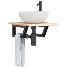 Basin Shelf Wall Mounted Steel and Solid Wood Oak Trapezium Depth 50 cm Width 40 cm Brown and black