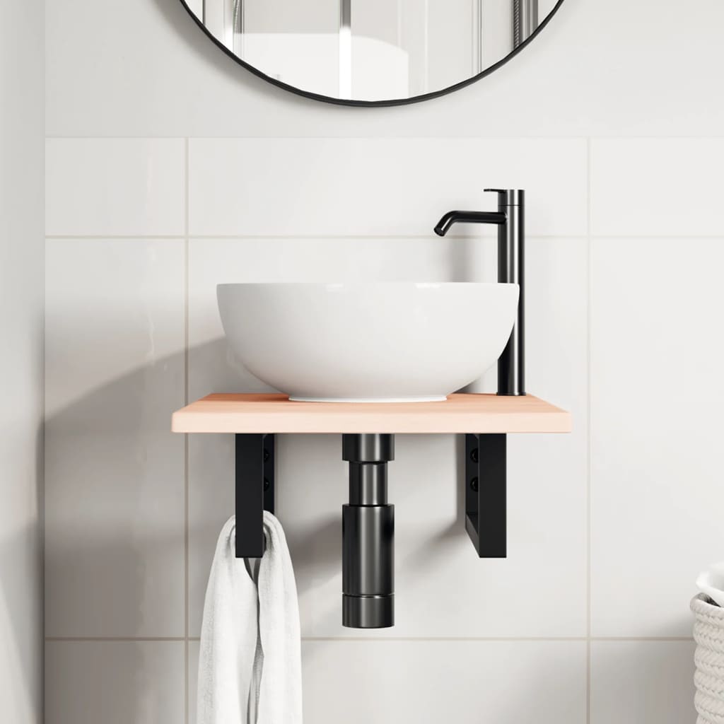 Basin Shelf Wall Mounted Steel and Solid Wood Oak Rectangular Depth 60 cm Brown and black