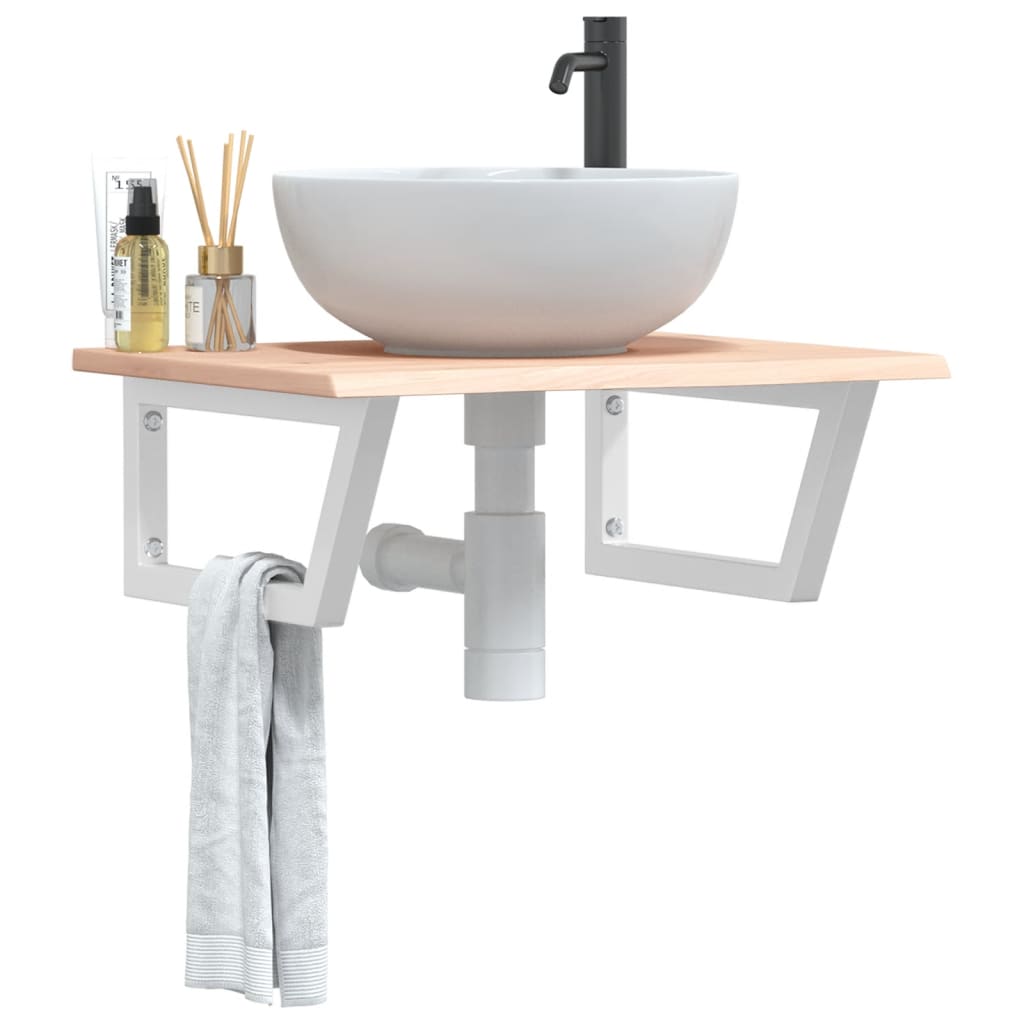 Basin Shelf Wall Mounted Steel and Solid Wood Oak Trapezium Depth 50 cm Width 60 cm Brown and white