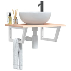 Basin Shelf Wall Mounted Steel and Solid Wood Oak Trapezium Depth 50 cm Width 60 cm Brown and white