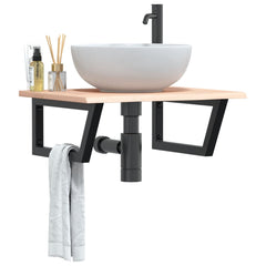 Basin Shelf Wall Mounted Steel and Solid Wood Oak Trapezium Depth 50 cm Width 60 cm Brown and black