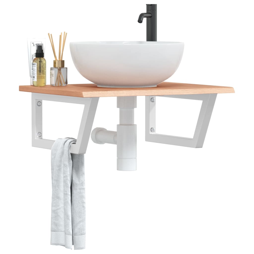 Basin Shelf Wall Mounted Steel and Solid Wood Oak Trapezium Depth 50 cm Width 60 cm Light brown and white